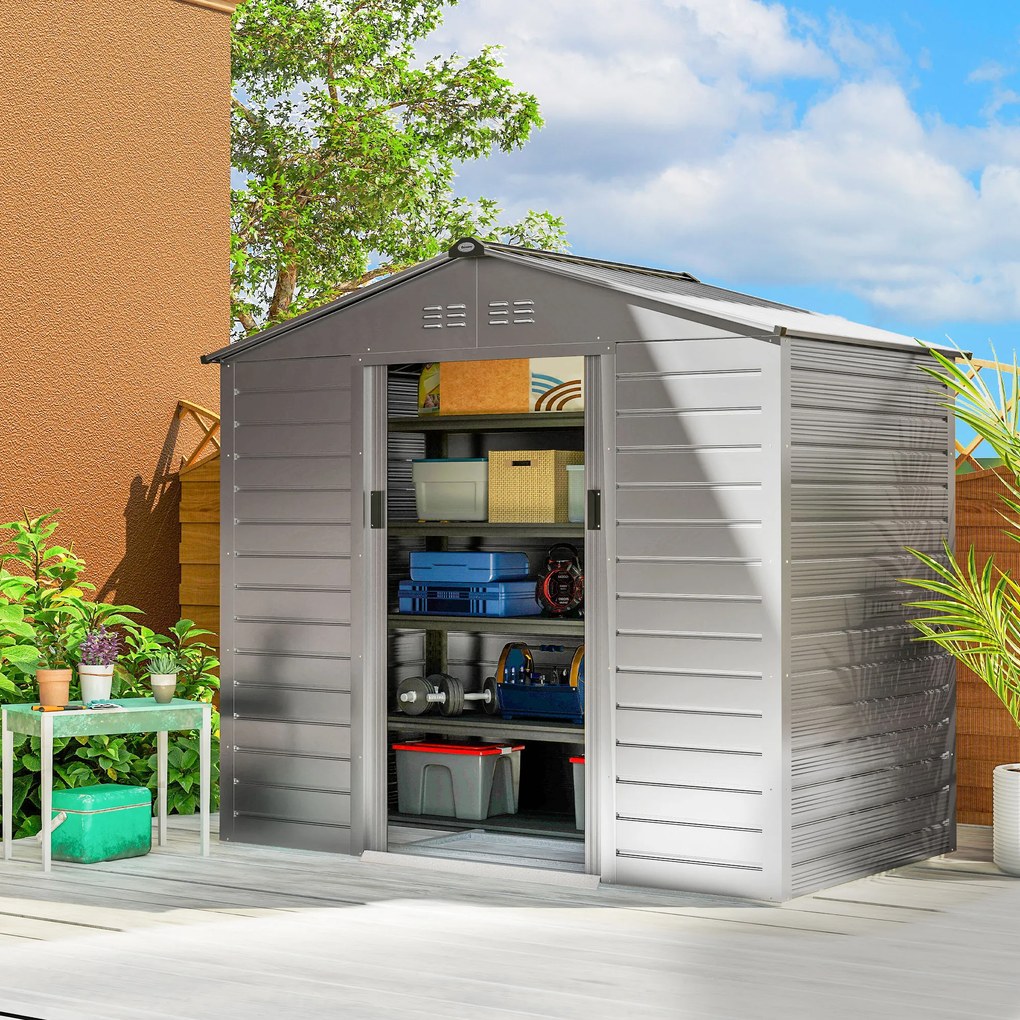 Outsunny 2,1 x 1,3 m Szopa Ogrodowa, Schowek na Narzędzia ze Stali, Zamykane Drzwi, 4 Otwory Wentylacyjne, Szary