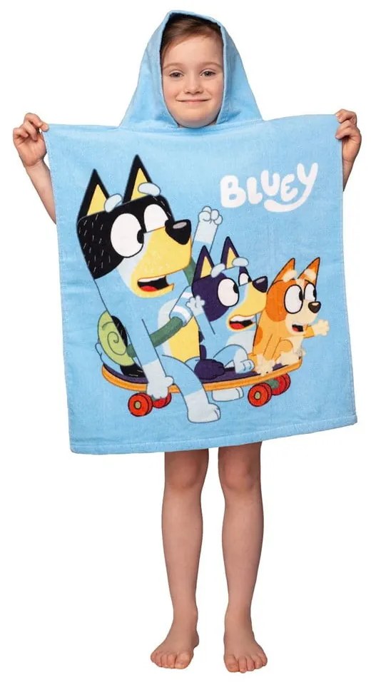 Niebieskie bawełniane ponczo dziecięce w rozmiarze 3-8 lat Bluey Skate – Jerry Fabrics