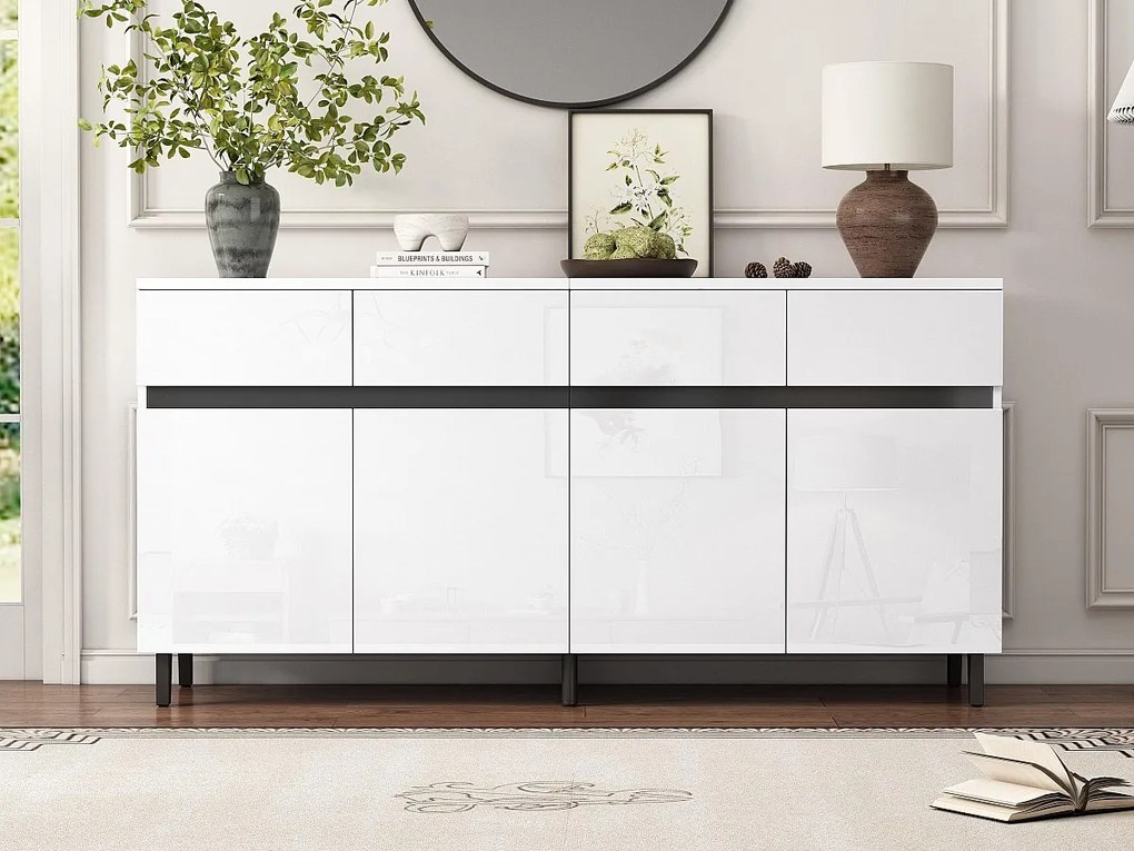 Nowoczesny, błyszczący bufet - 4 drzwi z 4 regulowanymi półkami i 4 szufladami - Biały