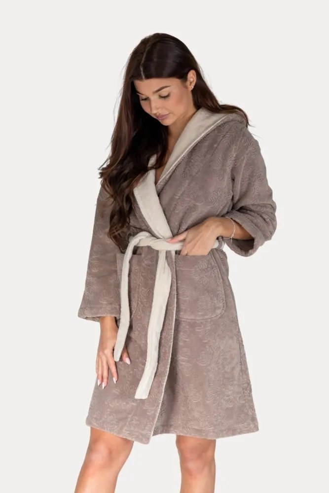 Damski krótki szlafrok LEAF s kapturem S Brązowy