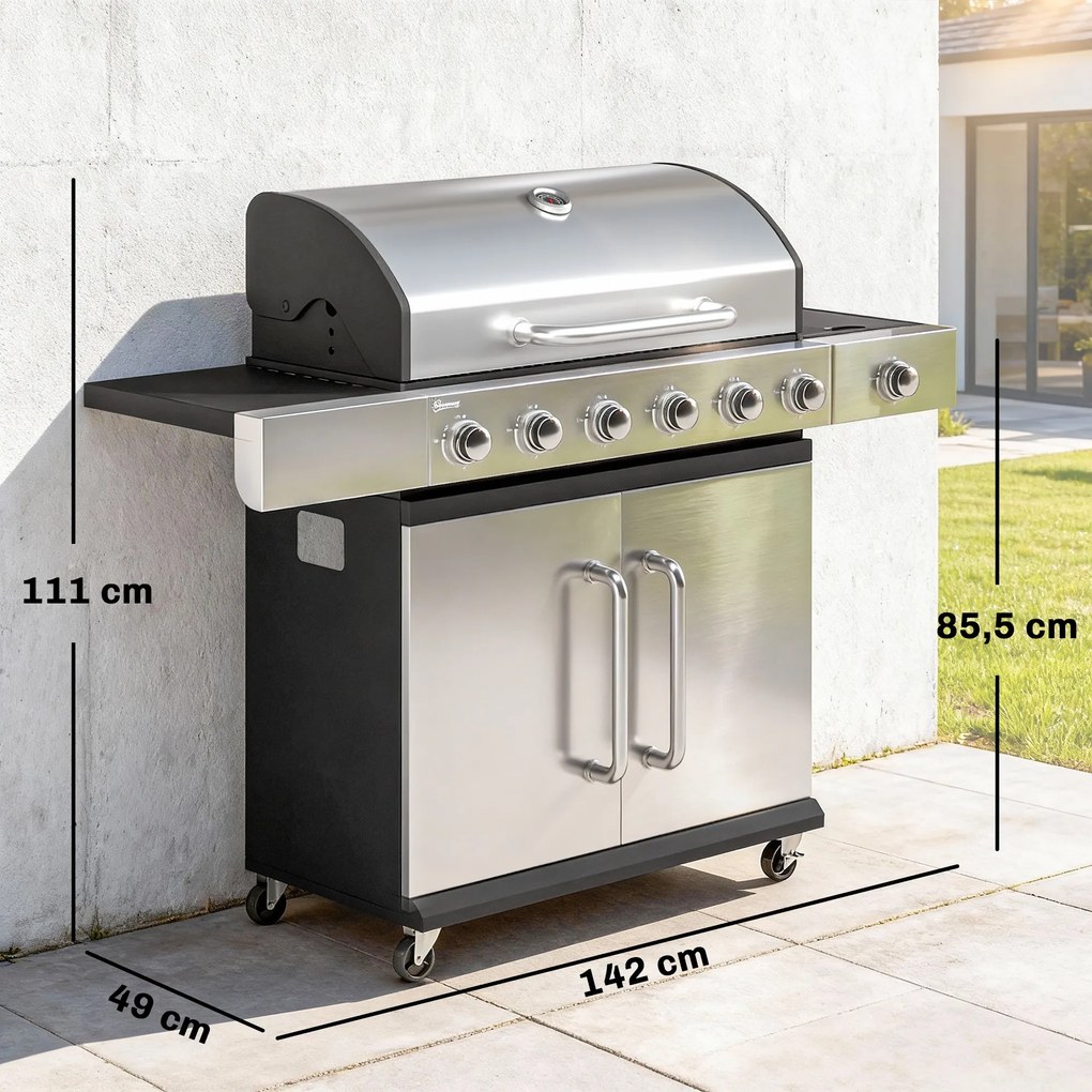 Outsunny Grill gazowy 18,6 kW 6+1 palników BBQ wózek grillowy ze stali nierdzewnej z kółkami, termometrem, półką podgrzewającą, bocznymi stolikami i szafką | Aosom PL