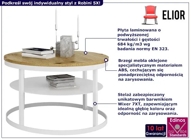 Okrągły skandynawski stolik kawowy biały + dąb artisan Aroli