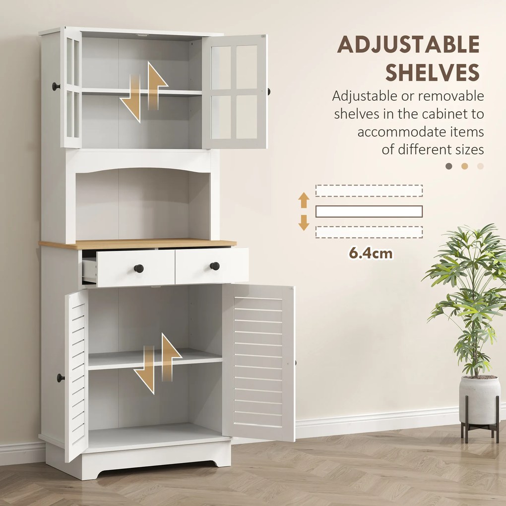 HOMCOM Kuchenna szafka z drzwiami szklanymi, 2 szuflady, szafka na naczynia, szafka do jadalni, drewno, 68 x 39,5 x 170 cm, biały