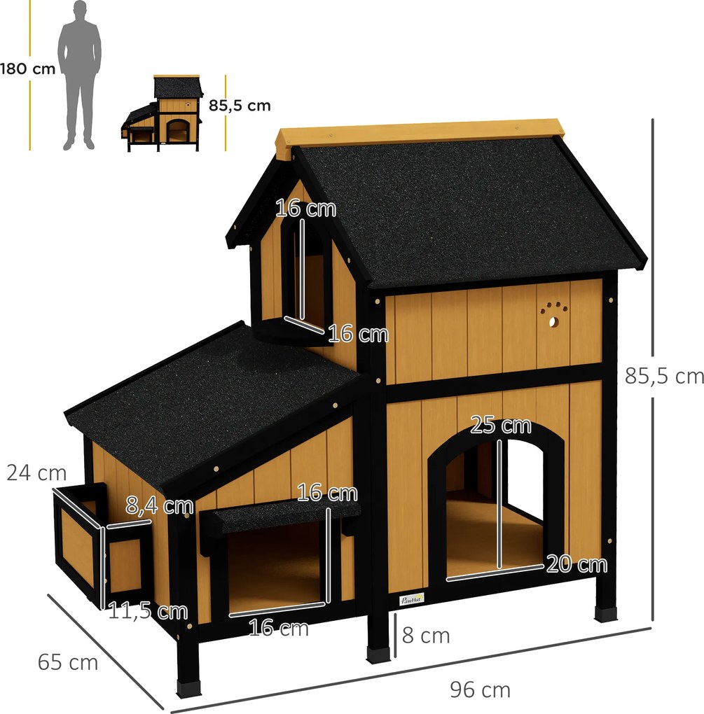 PawHut drewniany domek dla kota z drewna sosnowego domek dla kotów na zewnątrz żółty 96x65x85 cm | Aosom PL