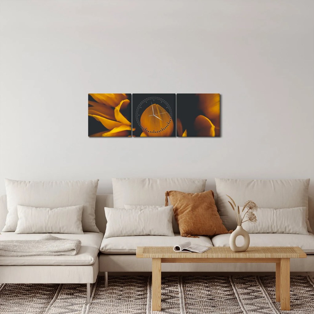 Obraz - Słoneczniki na czarnym tle (z zegarem) (90x30 cm)