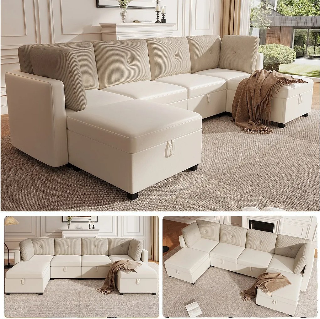 Narożnik modułowy 6-osobowy - 261 x 132,5 x 85 cm - z podnóżkiem ze schowkiem + poduszki - welur - beżowy