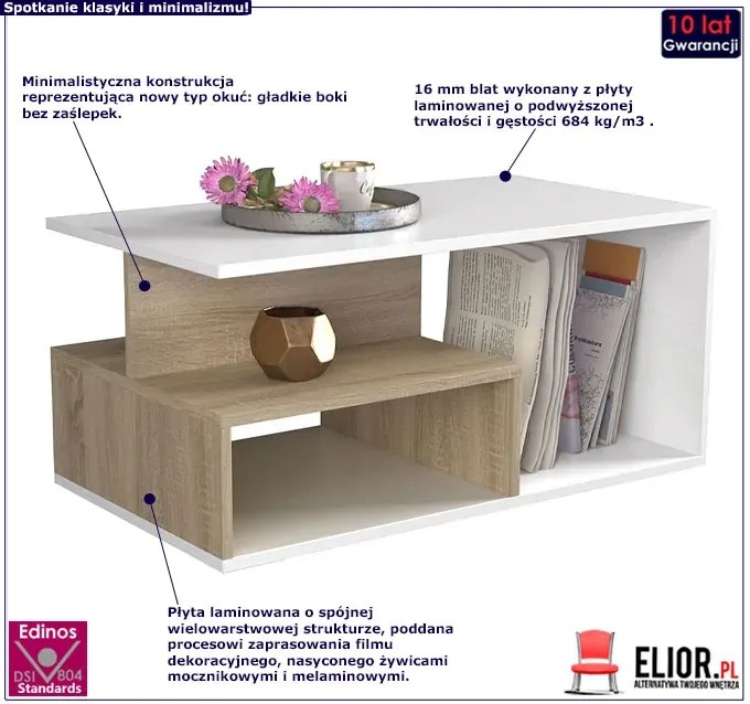 Designerska nowoczesna ława biały+dąb sonoma B7-W66