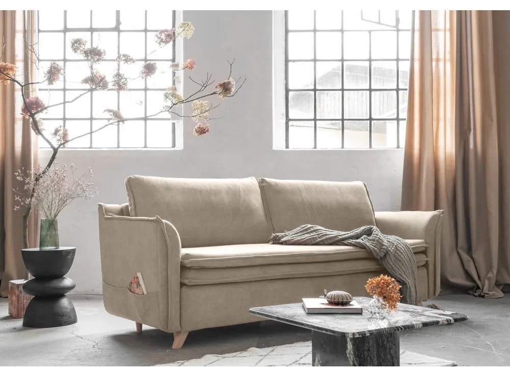 Beżowa aksamitna rozkładana sofa 225 cm Charming Charlie – Miuform