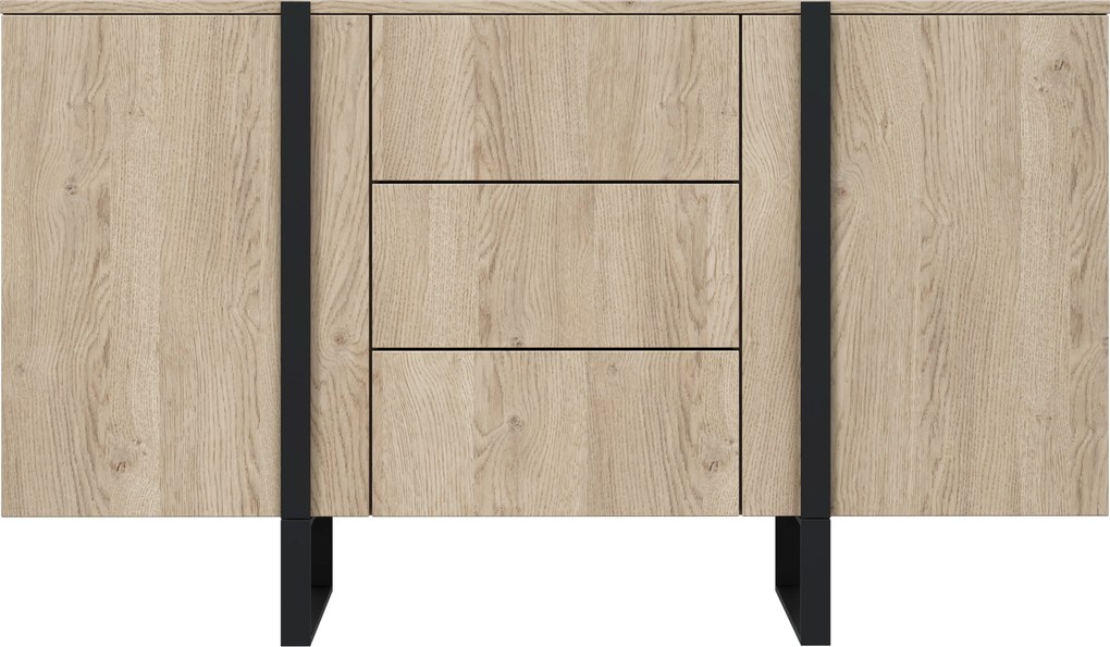 Komoda Verica 150 cm dwudrzwiowa z szufladami - dąb biszkoptowy / czarne nóżki