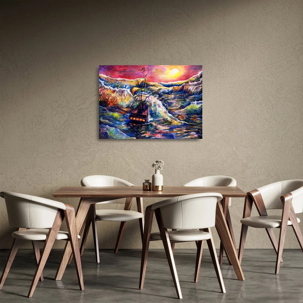 Obraz na szkle - Statek na falach oceanu, akwarela (70x50 cm)