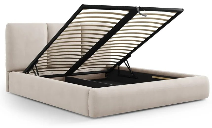 Beżowe tapicerowane łóżko dwuosobowe ze schowkiem i stelażem 180x200 cm Brody – Mazzini Beds