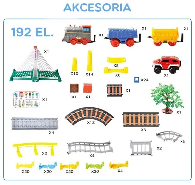 Woopie kolejka elektryczna 2w1 tor wyścigowy pociąg wiadukt auto xxl 192 el.