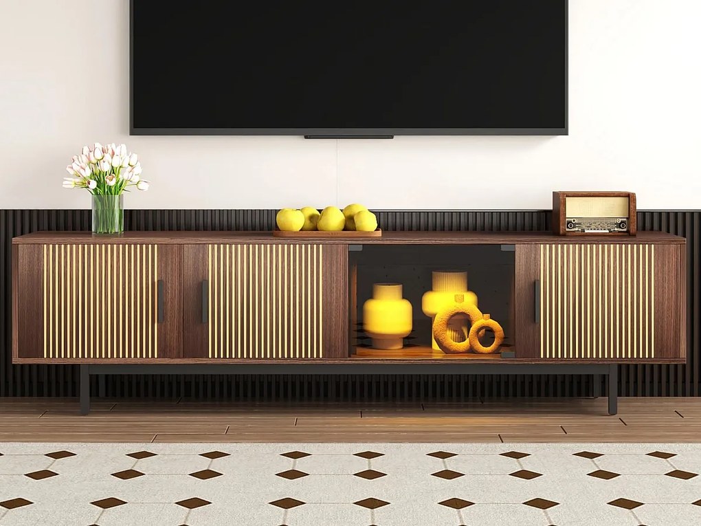 Meble pod TV 159x35x53cm - z LED - z 2 frontami - faktura w paski - styl wiejski - brązowy