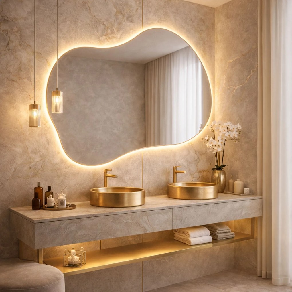 Lustro dekoracyjne o nieregularnym kształcie z podświetleniem FLOW Drift LED | Różne rozmiary | Różne kolory : Kolor tafli szkła - Srebrny, Rozmiar - 100x80