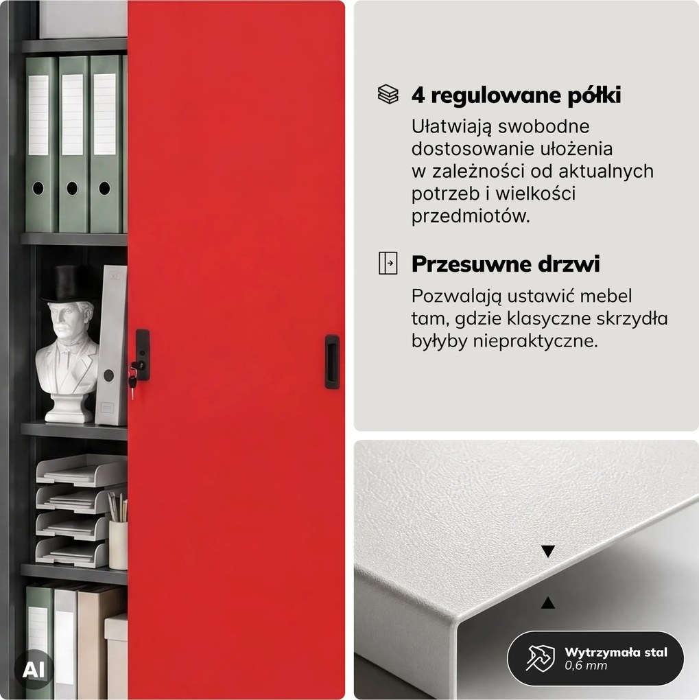 Szafa metalowa biurowa z drzwiami przesuwnymi antracytowo-czerwona, 900x1850x400 mm: KUBA