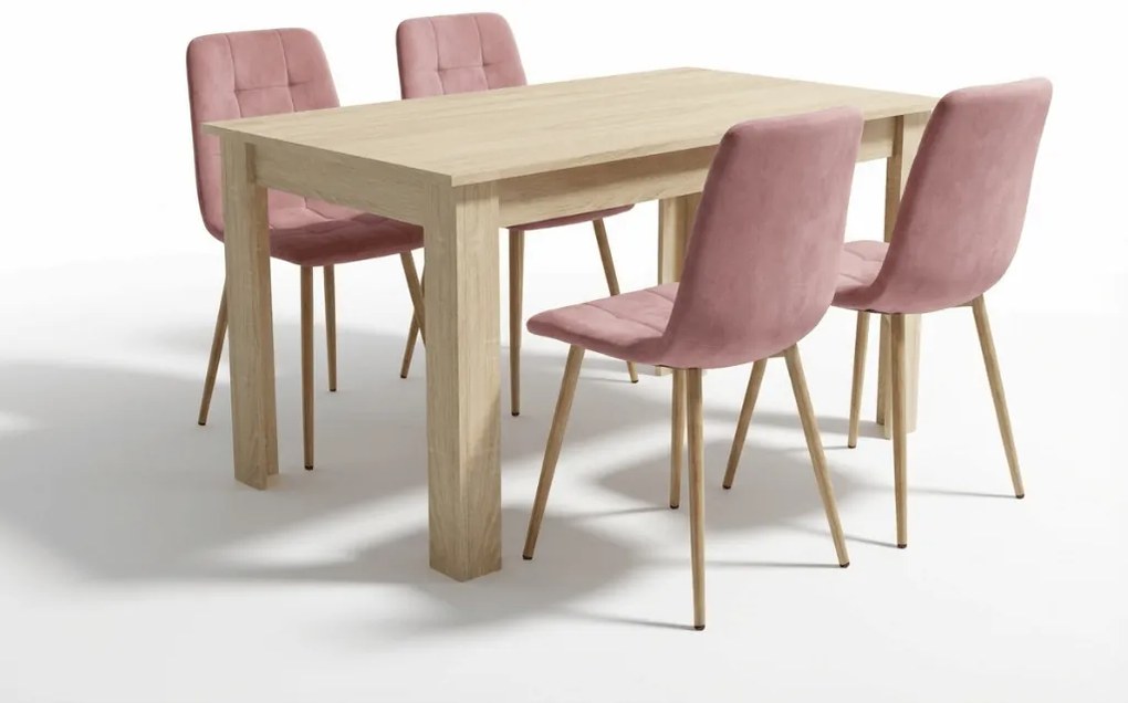 Zestaw jadalniany 1 + 4, stół UMEKO 120x80 cm dąb sonoma + różowe aksamitne krzesło KARA
