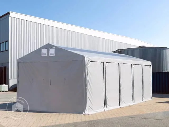 TOOLPORT 8x12m Namiot magazynowy - 4,0 m wysokość ścian bocznych z bramą na zamek błyskawiczny i świetlikami dachowymi, PVC 850, szary, ze statyką (podłoże gruntowe) - (93837)
