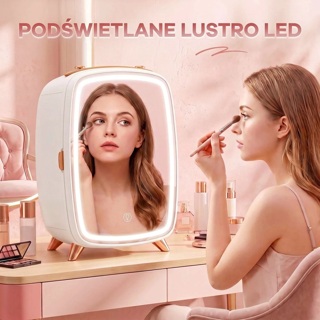 HOMCOM Minilodówka na Kosmetyki, Napoje i Przekąski, Przenośna z Oświetlonym Lusterkiem, Cicha Praca, 6L, Biała