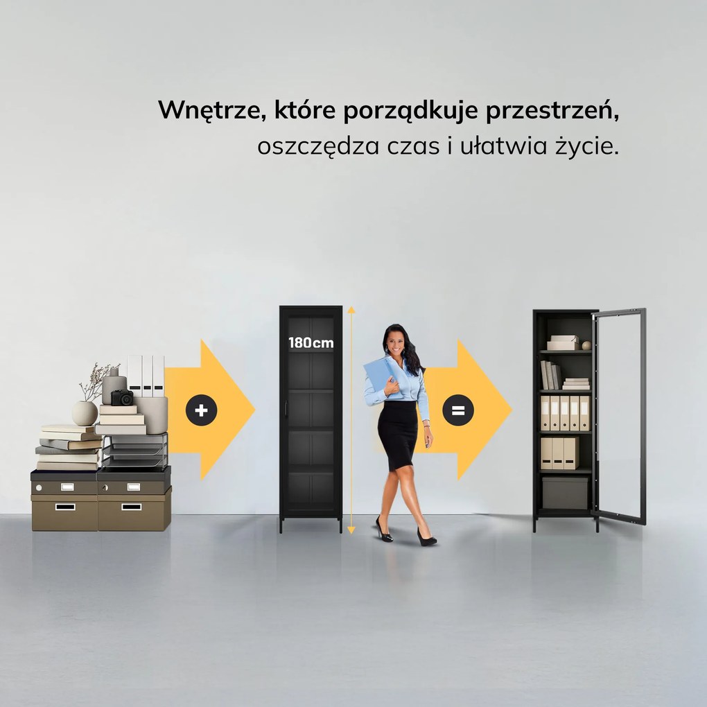 Witryna szklana do salonu wąska metalowa czarna LUIGI Modern 500 x 1800 x 350 mm