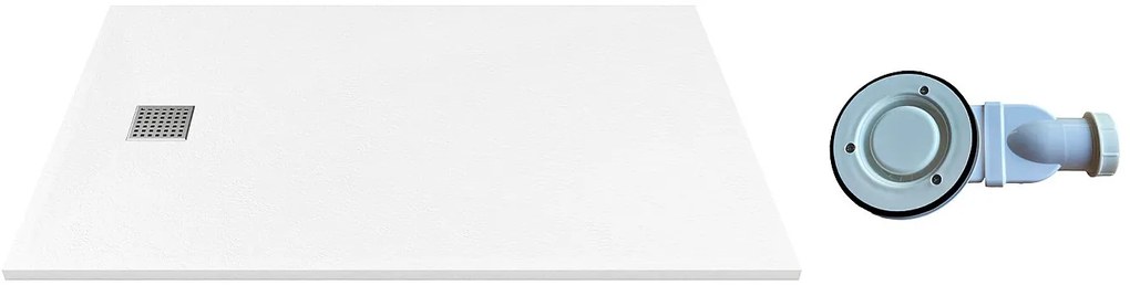 Brodzik posadzkowy lub wpuszczany w posadzkę z żywicy z syfonem - Biały - 140 x 80 cm - MIRNOSA