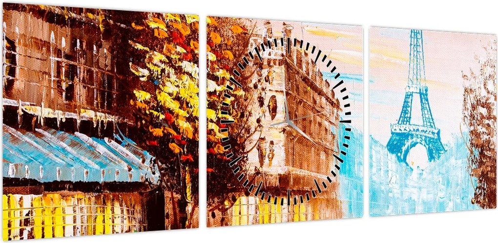 Obraz - Deszczowa pogoda i wieża Eiffla (z zegarem) (90x30 cm)