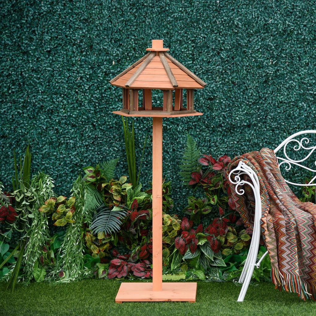 Elegancki drewniany karmnik dla ptaków na stojaku PawHut z wodoodpornym dachem, naturalny