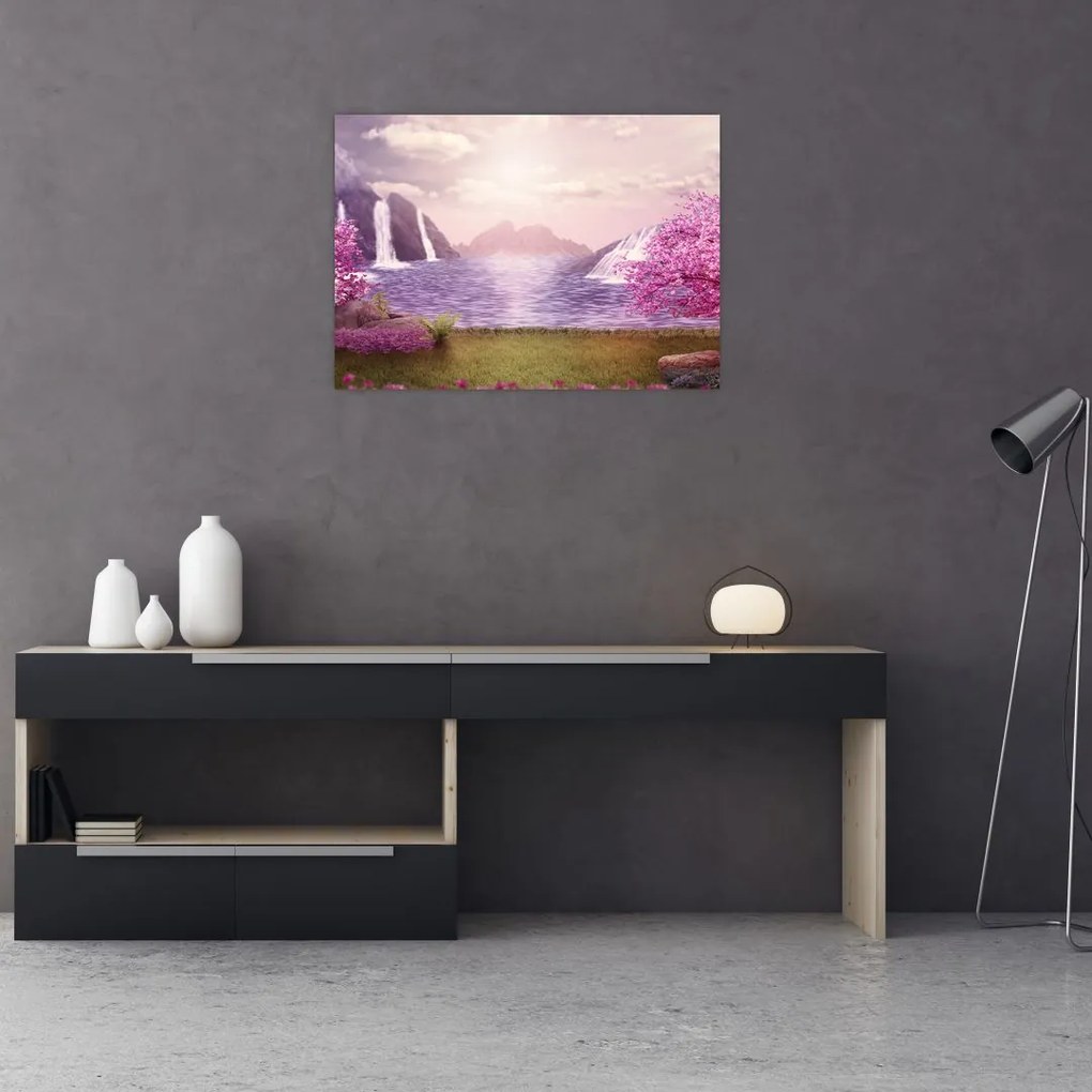 Obraz różowych drzew z jeziorem (70x50 cm)