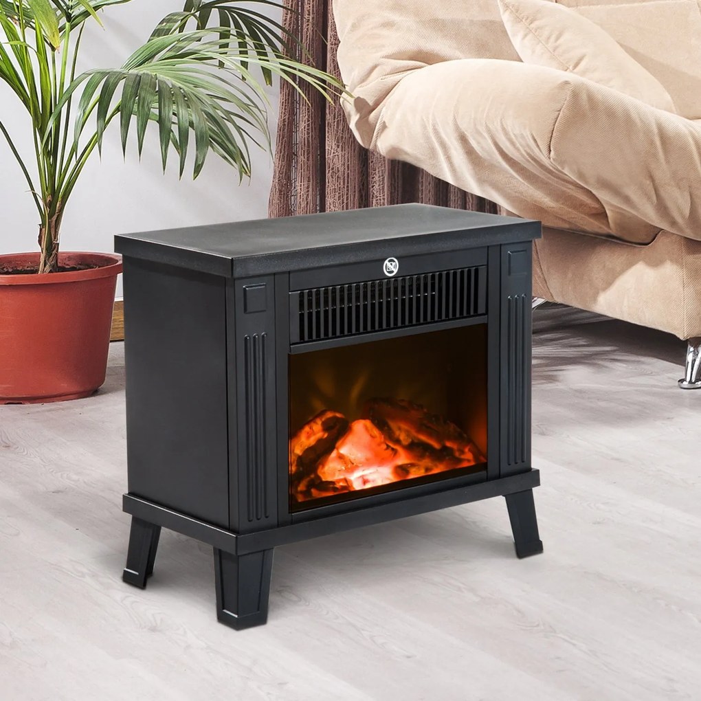 HOMCOM Kominek elektryczny wolnostojący 600W 1200W czarny z efektem płomieni | Aosom PL