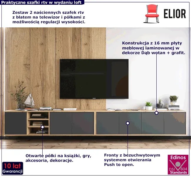 Komplet wiszących szafek rtv dąb wotan + grafit - Avila 15X