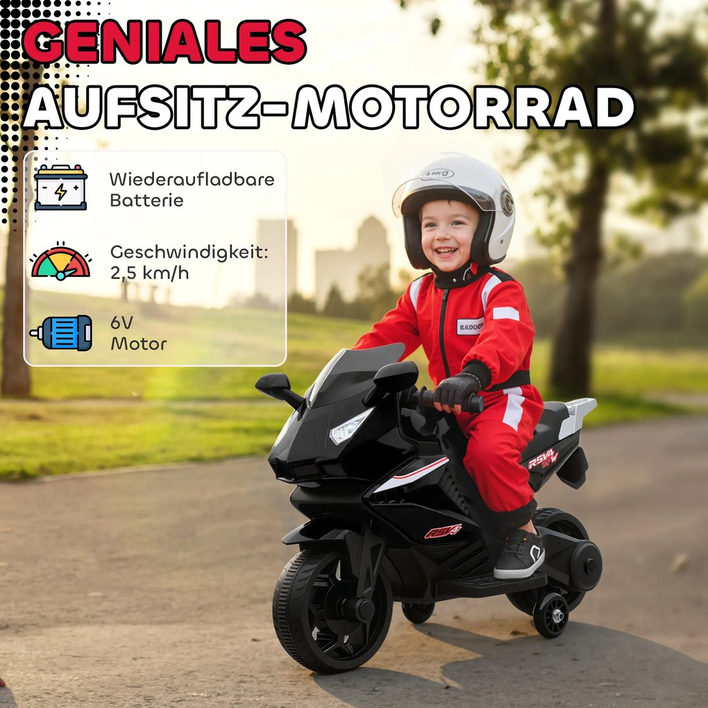 AIYAPLAY elektryczny motocykl dla dzieci, klakson, reflektory, funkcja muzyczna, 2,5 km/h, czarny