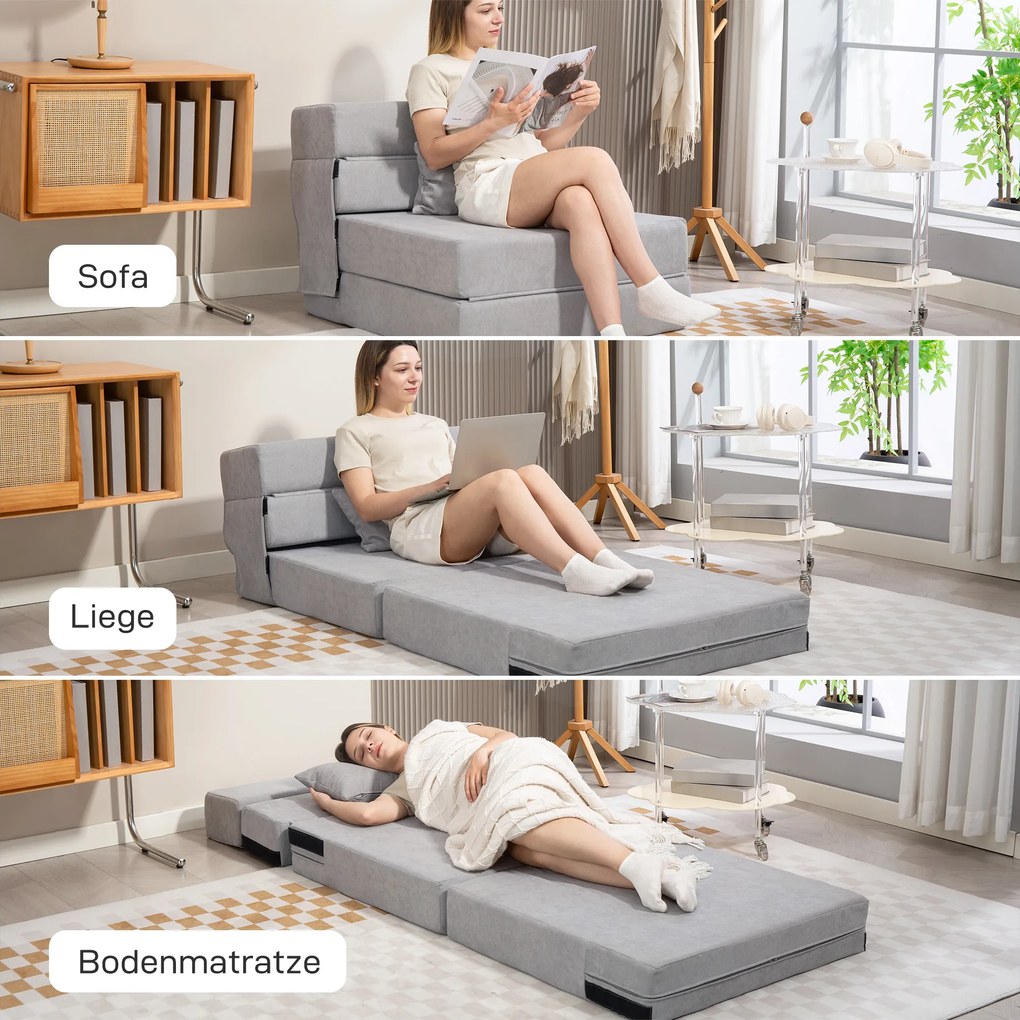HOMCOM Sofa na podłogę, tapicerowana soffa, przekształcana w materac, pianka, poduszka, jasnoszary