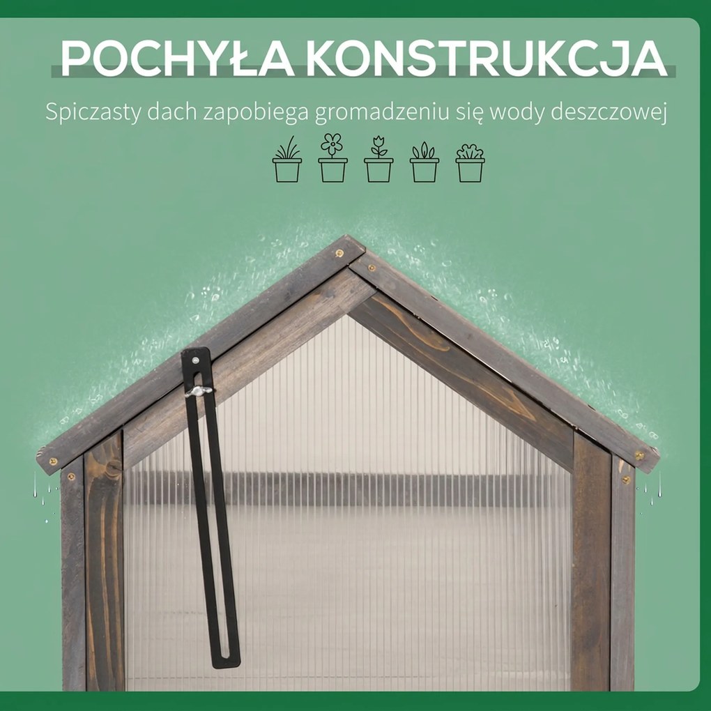 Outsunny Mini Szklarnia, Kompaktowy Domek dla Roślin z Drewna, Płyty Polikarbonatowe, Otwierany Dach, 90Dł x 52Szer x 49,5Wys cm, Szary