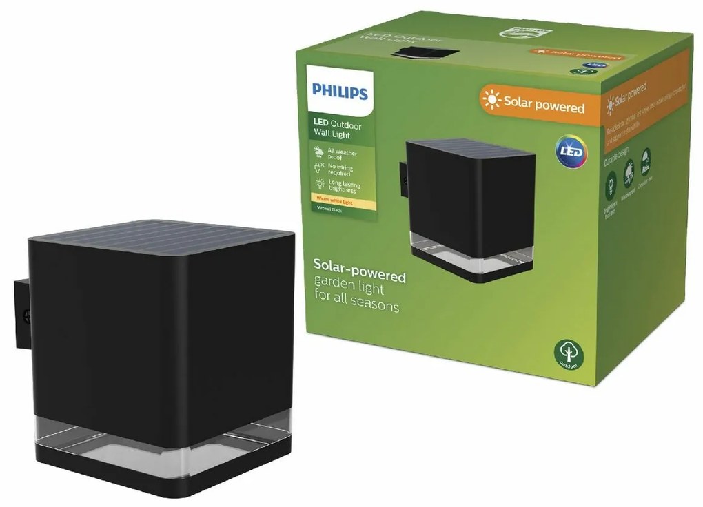 Philips Virona zewnętrzna solarna lampa ściennaLED czarna, 1,8 W, 200 lm, 2700 K