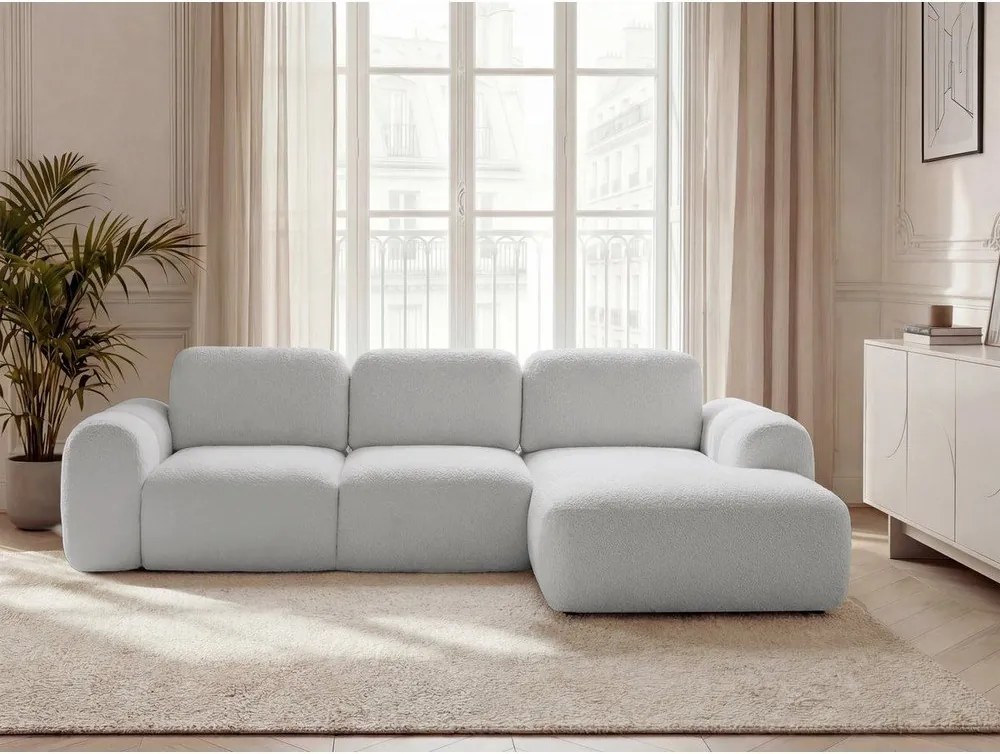 Jasnoszary rozkładany narożnik z materiału bouclé ze schowkiem (prawostronny/z szezlongiem) Montaigne – Bobochic Paris