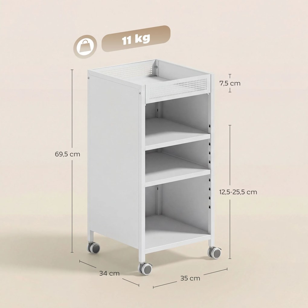 HOMCOM Mobilny regał na książki z regulowanymi półkami, 3-poziomowy wózek z górnym koszem, biały | Aosom PL