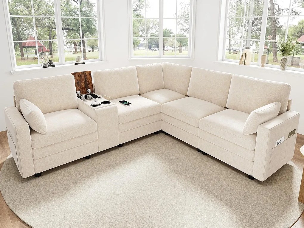 Kanapa narożna 5-osobowa w kształcie litery L - z panelem sterowania - z portem USB i uchwytem na kubek - Chenille - beżowy