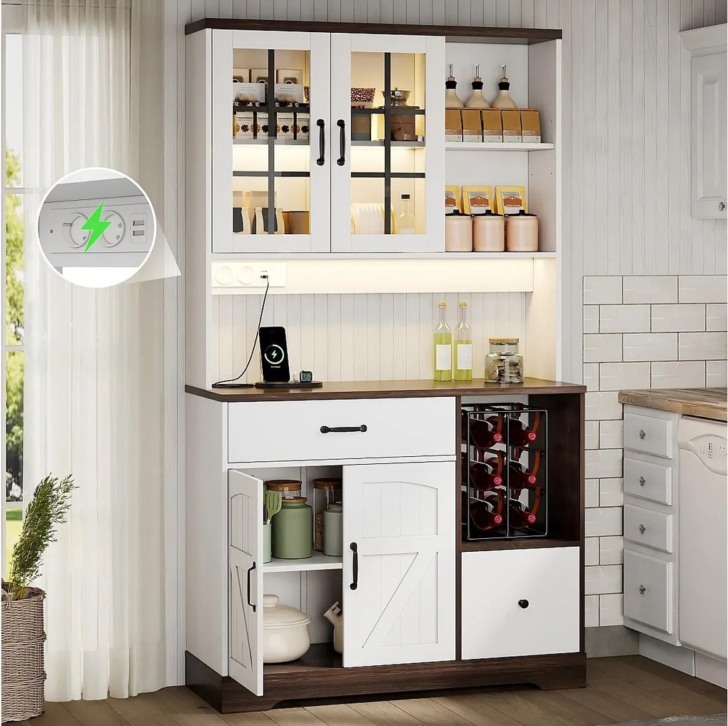 Kredens kuchenny w stylu stodoły - 105 x 40 x 185 cm - z 2 szufladami + diodami LED i gniazdkami + 4 drzwi - MDF - biały