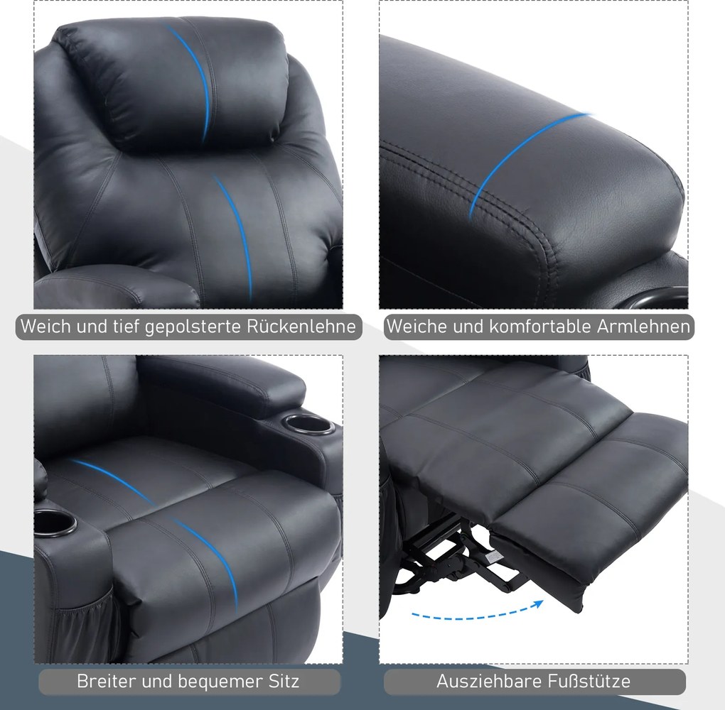 HOMCOM Fotel telewizyjny z funkcją podnoszenia i masażu sztuczna skóra czarny wygodny fotel do relaksu | Aosom PL