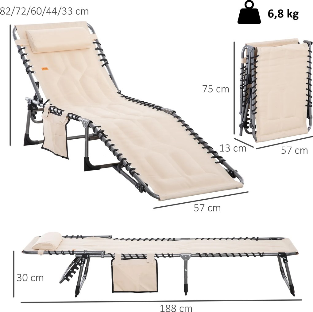 Leżanka składana Outsunny, ogrodowa z poduszką, z regulowanym oparciem na 5 pozycji, z tkaniny Oxford, 188 x 57 x 30 cm, Beżowa