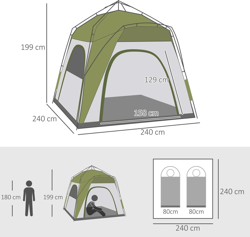 Outsunny Namiot Biwakowy 4 Osobowy 195x240x240cm Aluminium Włókno Szklane | Namiot Kulisy Duży 4 Osobowy Na Obozowanie | Aosom PL