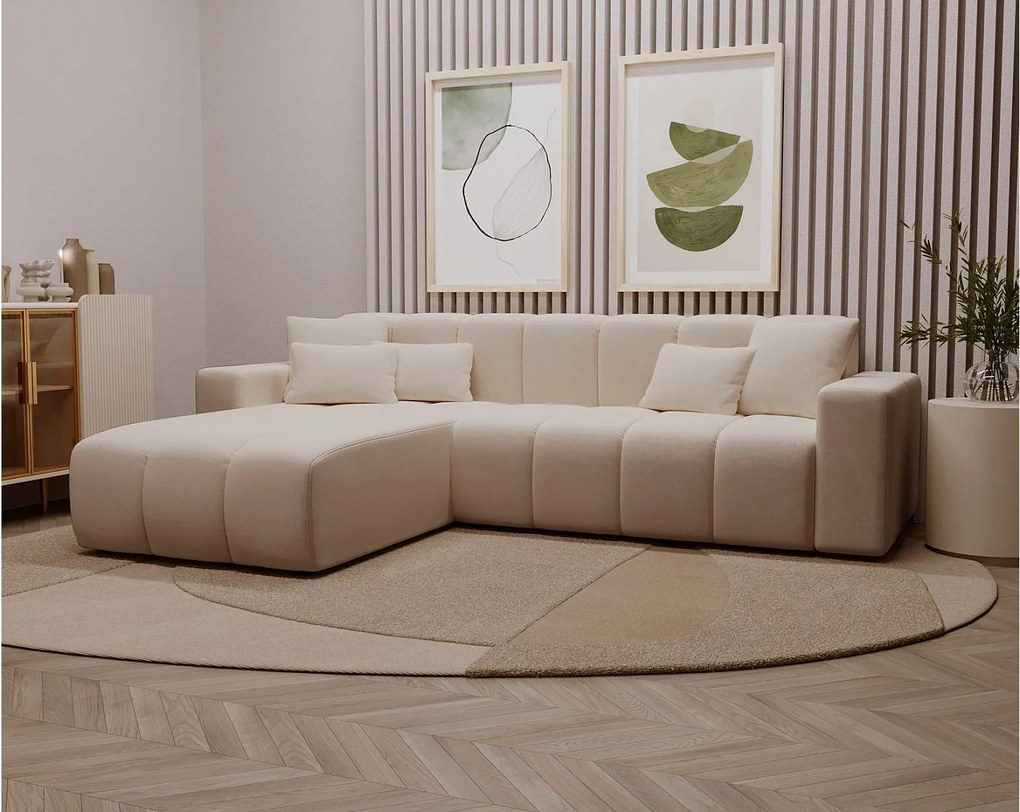 Emporius Miral narożnik w kształcie L - sofa do salonu bez funkcji spania i bez pojemnika - nowoczesny styl, lewostronny, tkanina aksamitna, beżowy (Komodo 11)