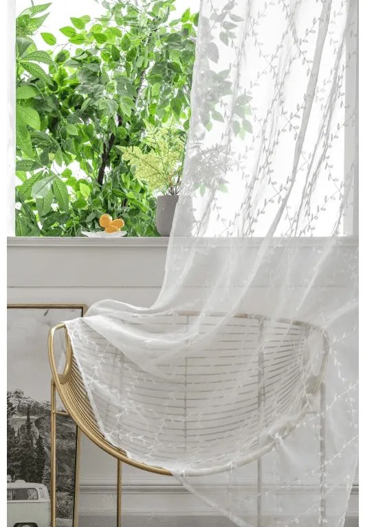 Biała zasłona VINTORA ze wzorem liści 140x250 cm Zawieszanie: Metalowe pierścienie