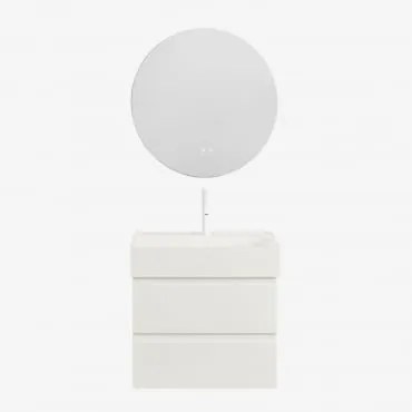 Zestaw Wiszących Mebli Łazienkowych Z Drewna I Forniru Jesionowego Zintegrowany Z Umywalką Ona Biała & Okrągła - Sklum