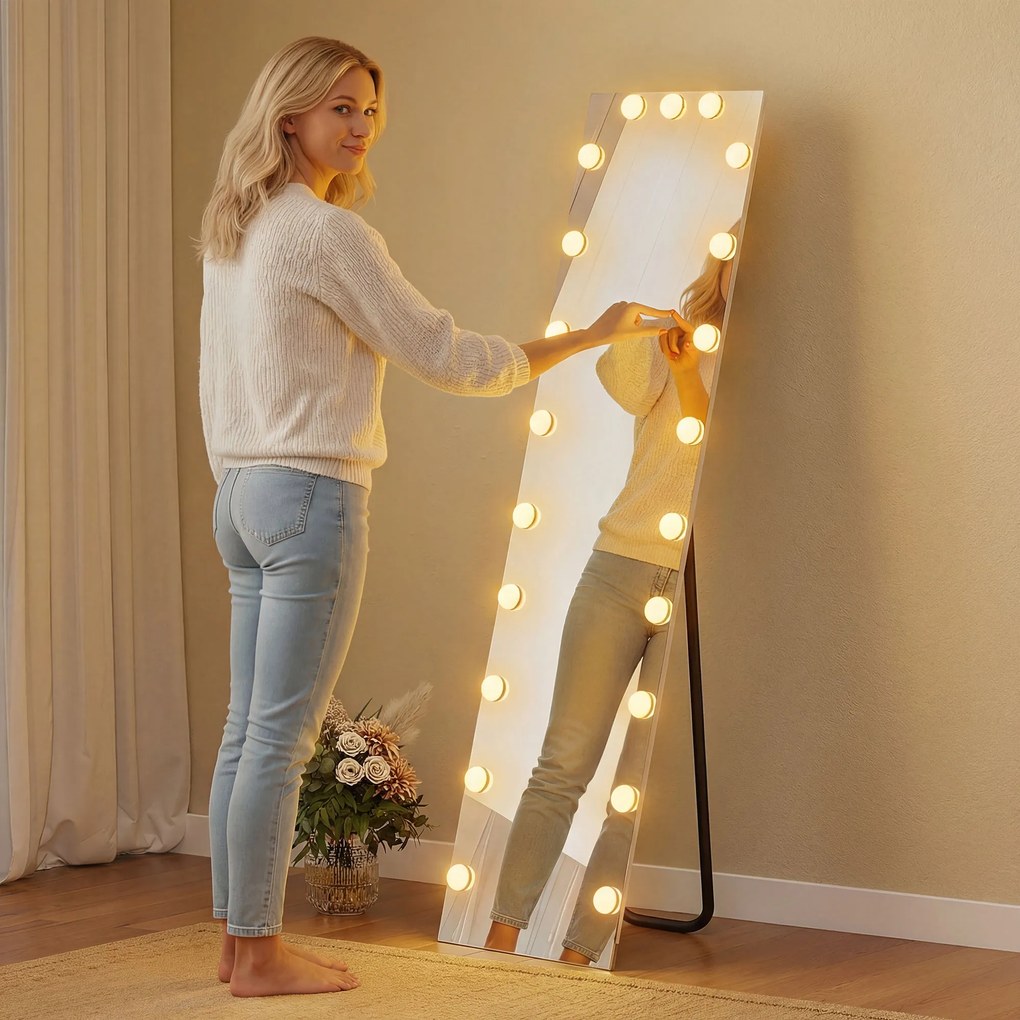 HOMCOM Lustro całopostaciowe 150x40 cm RGB-LED stojące z 21 żarówkami, 7 kolorów światła, przycisk dotykowy, funkcja pamięci | Aosom PL