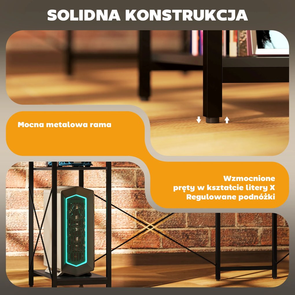 HOMCOM Biurko narożne L-kształtne z ładowarką, komputer stół narożny z podstawką pod monitor i półkami, do domowego biura, czarne