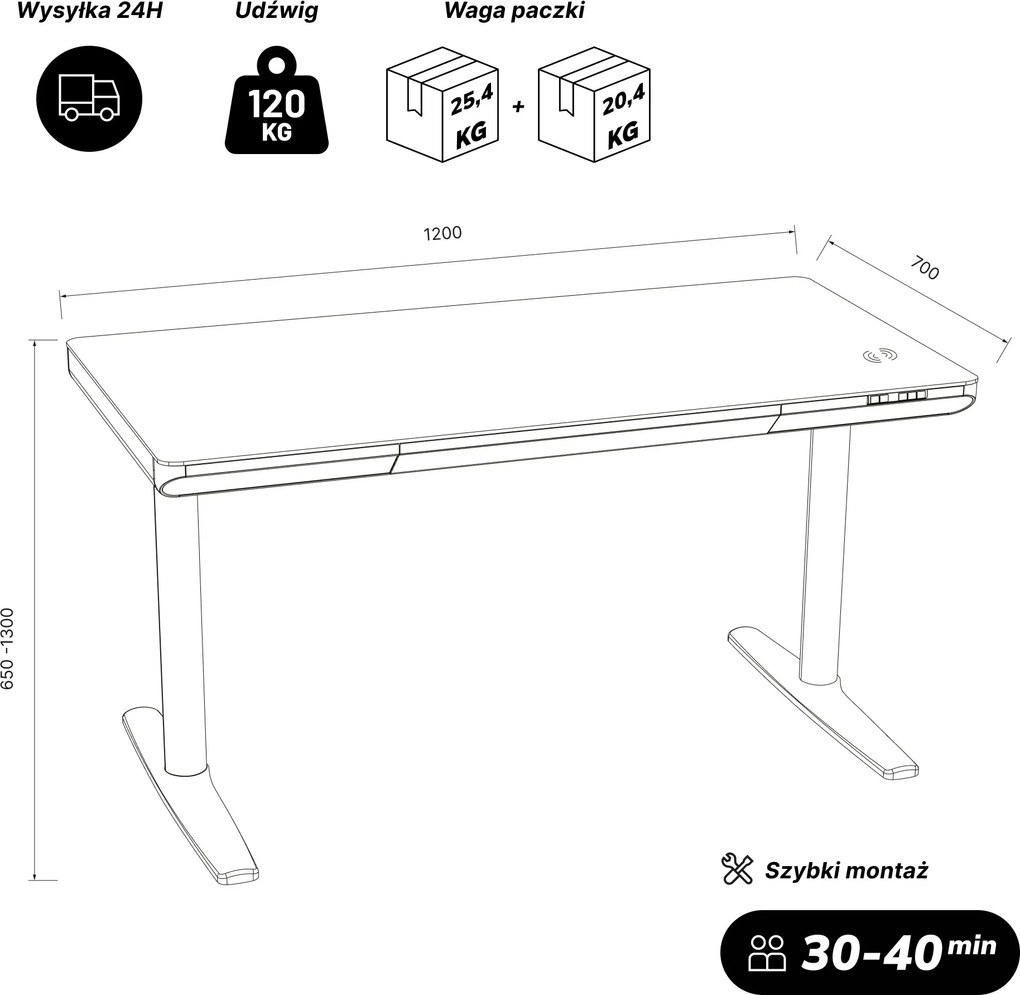 Biurko elektryczne sit-stand z szufladą i ładowarką bezprzewodową Qi białe/złoty dąb, 1200 mm: ELLIS