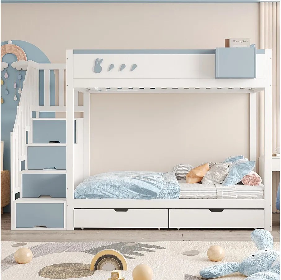 Łóżko piętrowe dla dzieci - 2 x 90 x 200 cm - z drabinką + 2 szuflady - drewno - biały + niebieski
