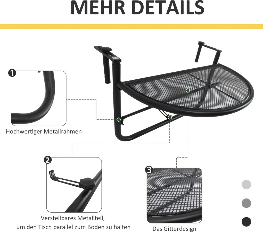 Outsunny Stół Wiszący Balkonowy Półokrągły Regulowana Wysokość Metalowy Czarny 60x45x50cm | Aosom PL