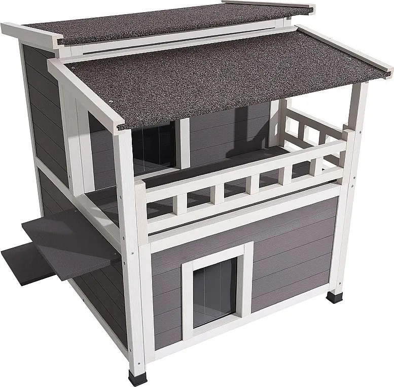 Podniesiony Dom dla Kota SucceBuy, 84 x 75 x 82 cm, Zewnętrzna Budka dla Kota Izolacja z Pianki, Schronienie Drewniane 2 Poziomy, dla 1-3 Dzikich Kotów