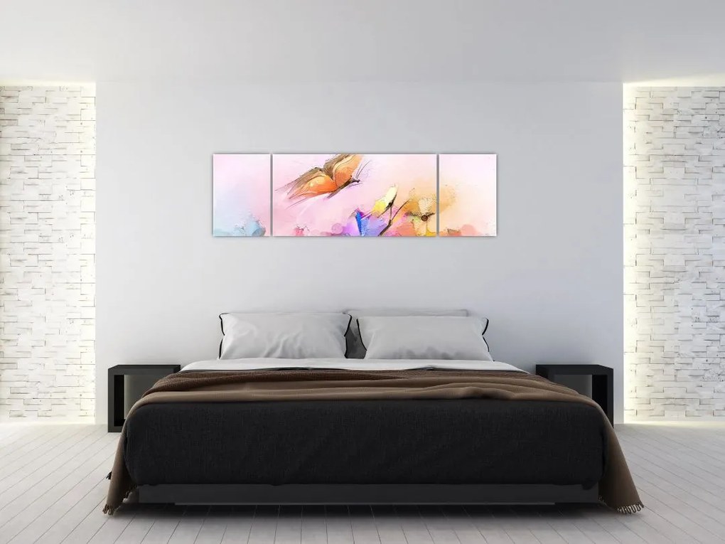 Obraz - Motyl nad kwiatem, abstrakcja (170x50 cm)